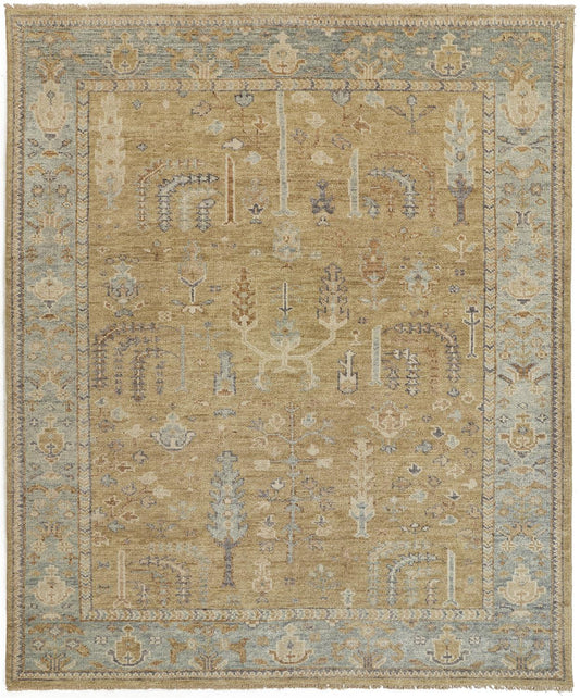9 x 12 Gold Wool Floral Hand Knotted Stain Resistant Rug With Fringe