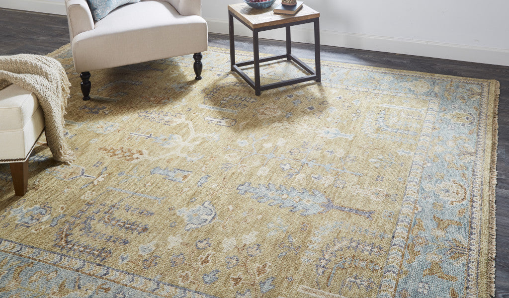 9 x 12 Gold Wool Floral Hand Knotted Stain Resistant Rug With Fringe