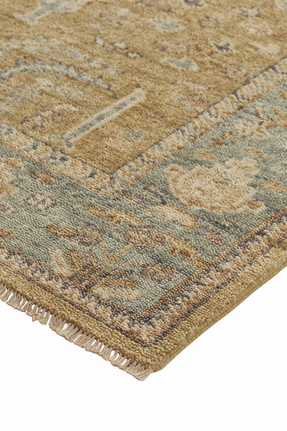 9 x 12 Gold Wool Floral Hand Knotted Stain Resistant Rug With Fringe