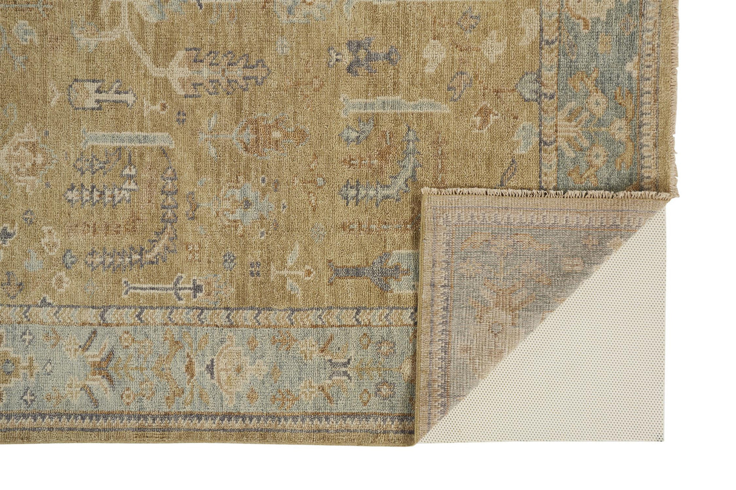 9 x 12 Gold Wool Floral Hand Knotted Stain Resistant Rug With Fringe