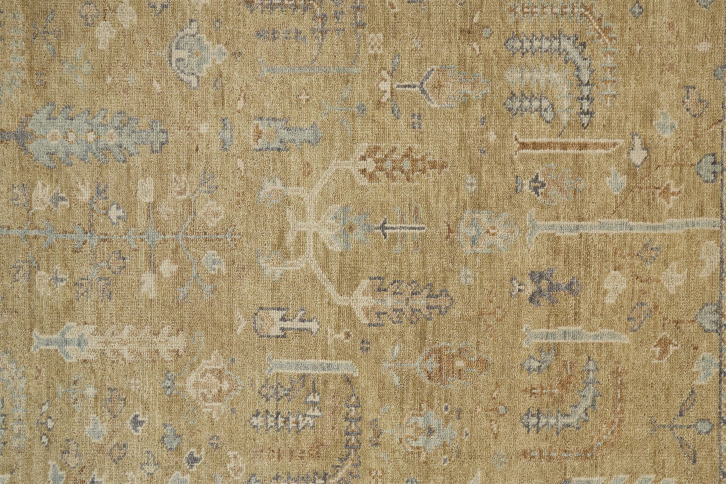 9 x 12 Gold Wool Floral Hand Knotted Stain Resistant Rug With Fringe