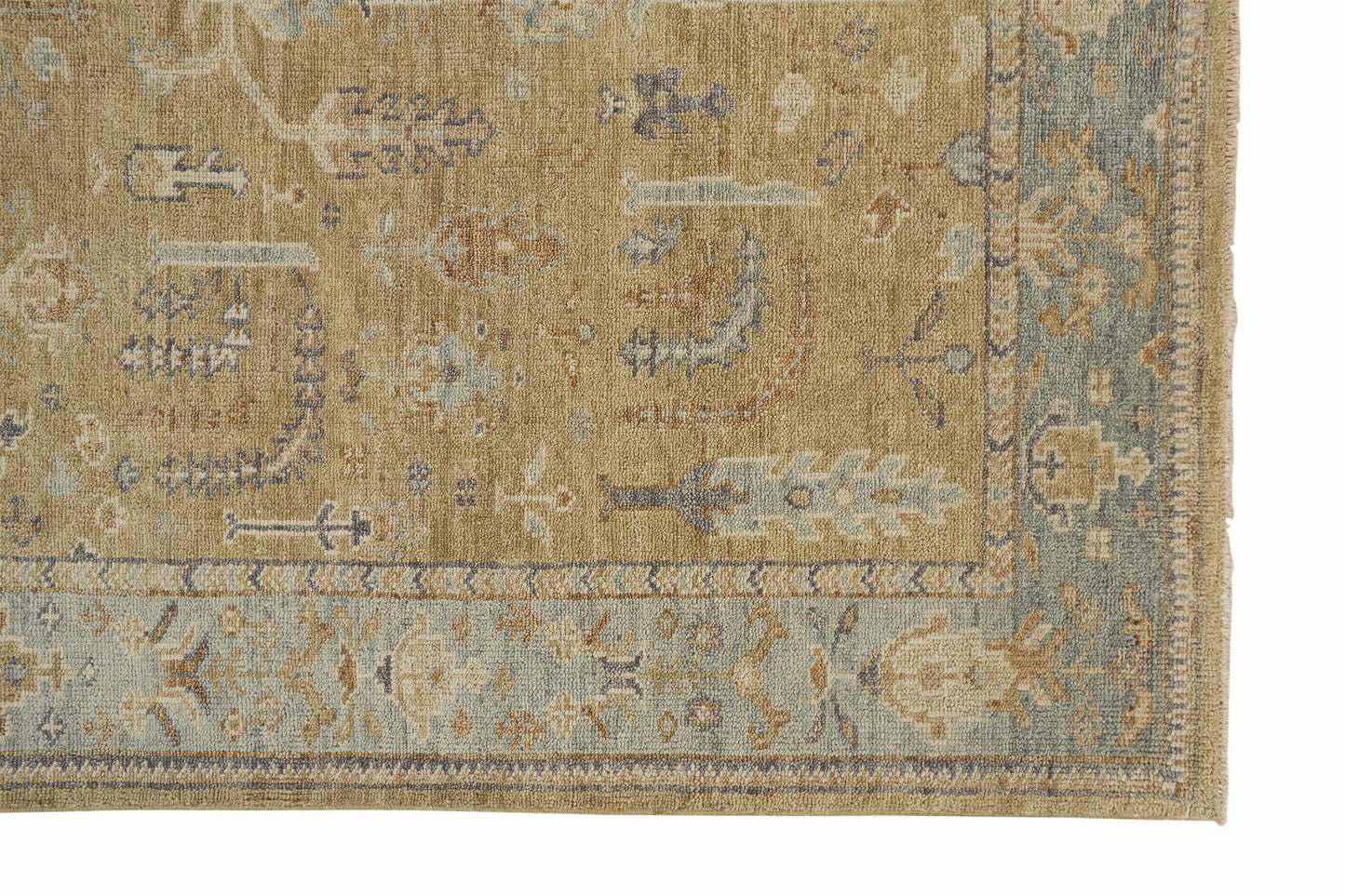 9 x 12 Gold Wool Floral Hand Knotted Stain Resistant Rug With Fringe