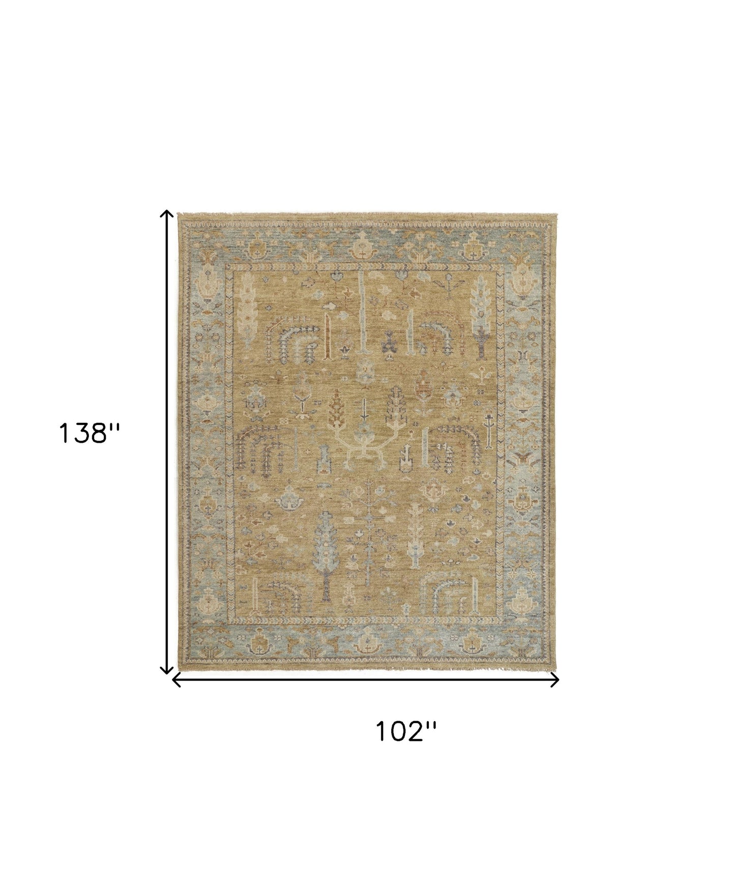 9 x 12 Gold Wool Floral Hand Knotted Stain Resistant Rug With Fringe