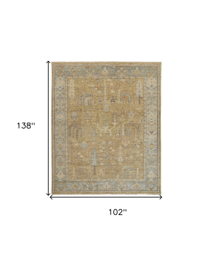 9 x 12 Gold Wool Floral Hand Knotted Stain Resistant Rug With Fringe