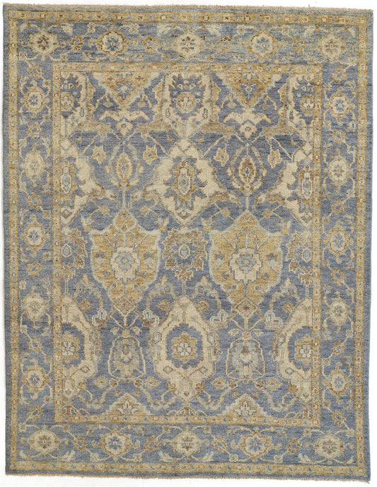8 x 10 Blue Gold & Tan Wool Floral Hand Knotted Stain Resistant Rug With Fringe