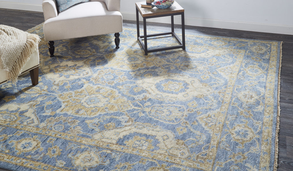 8 x 10 Blue Gold & Tan Wool Floral Hand Knotted Stain Resistant Rug With Fringe