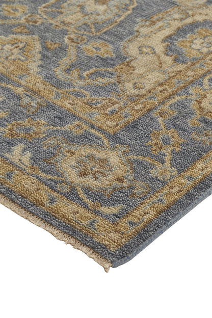 8 x 10 Blue Gold & Tan Wool Floral Hand Knotted Stain Resistant Rug With Fringe