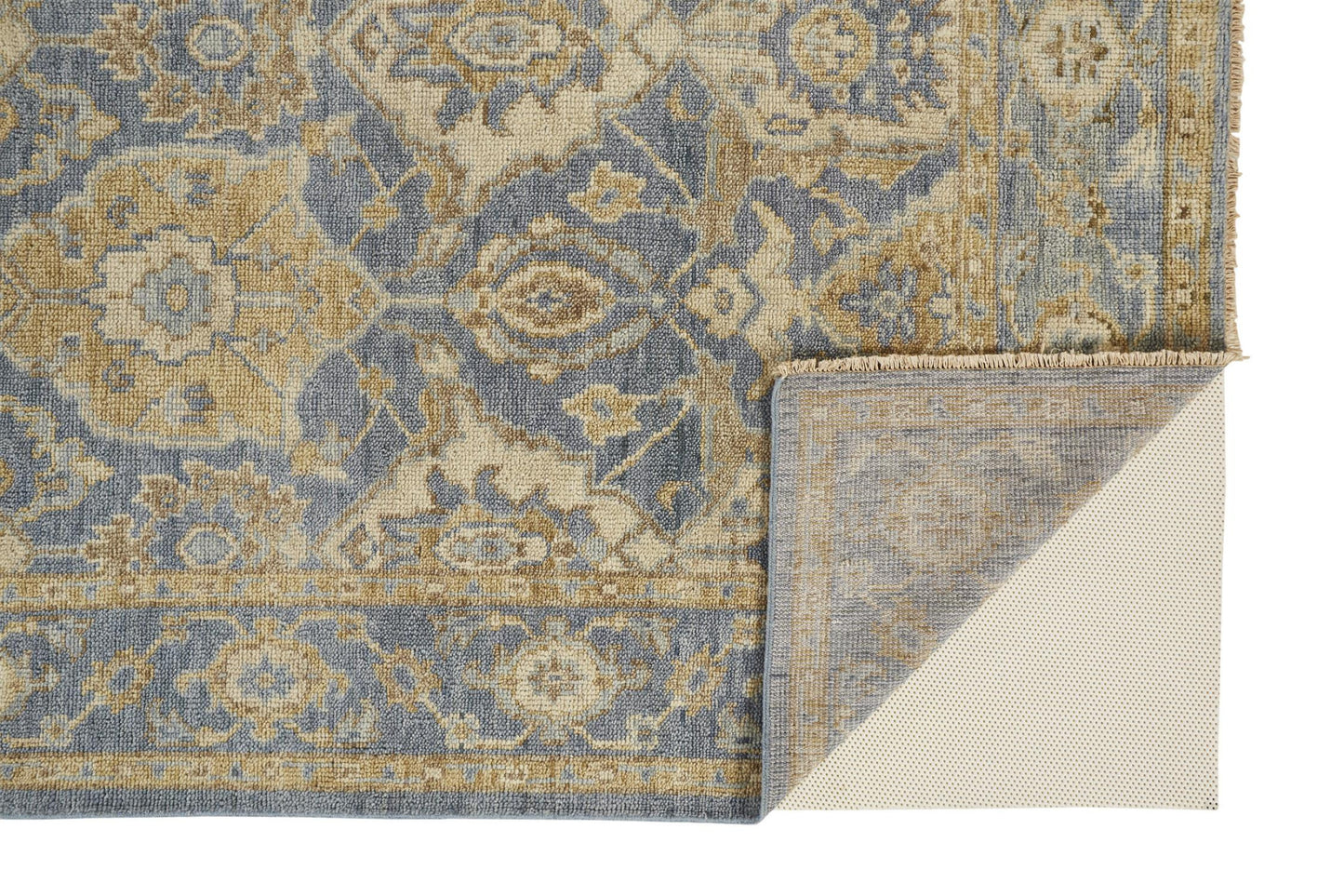 8 x 10 Blue Gold & Tan Wool Floral Hand Knotted Stain Resistant Rug With Fringe