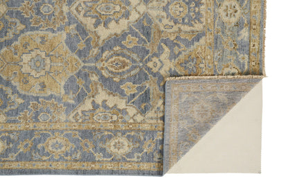 8 x 10 Blue Gold & Tan Wool Floral Hand Knotted Stain Resistant Rug With Fringe
