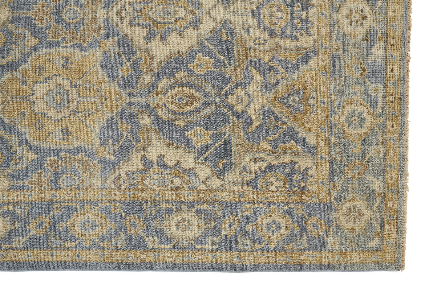 8 x 10 Blue Gold & Tan Wool Floral Hand Knotted Stain Resistant Rug With Fringe