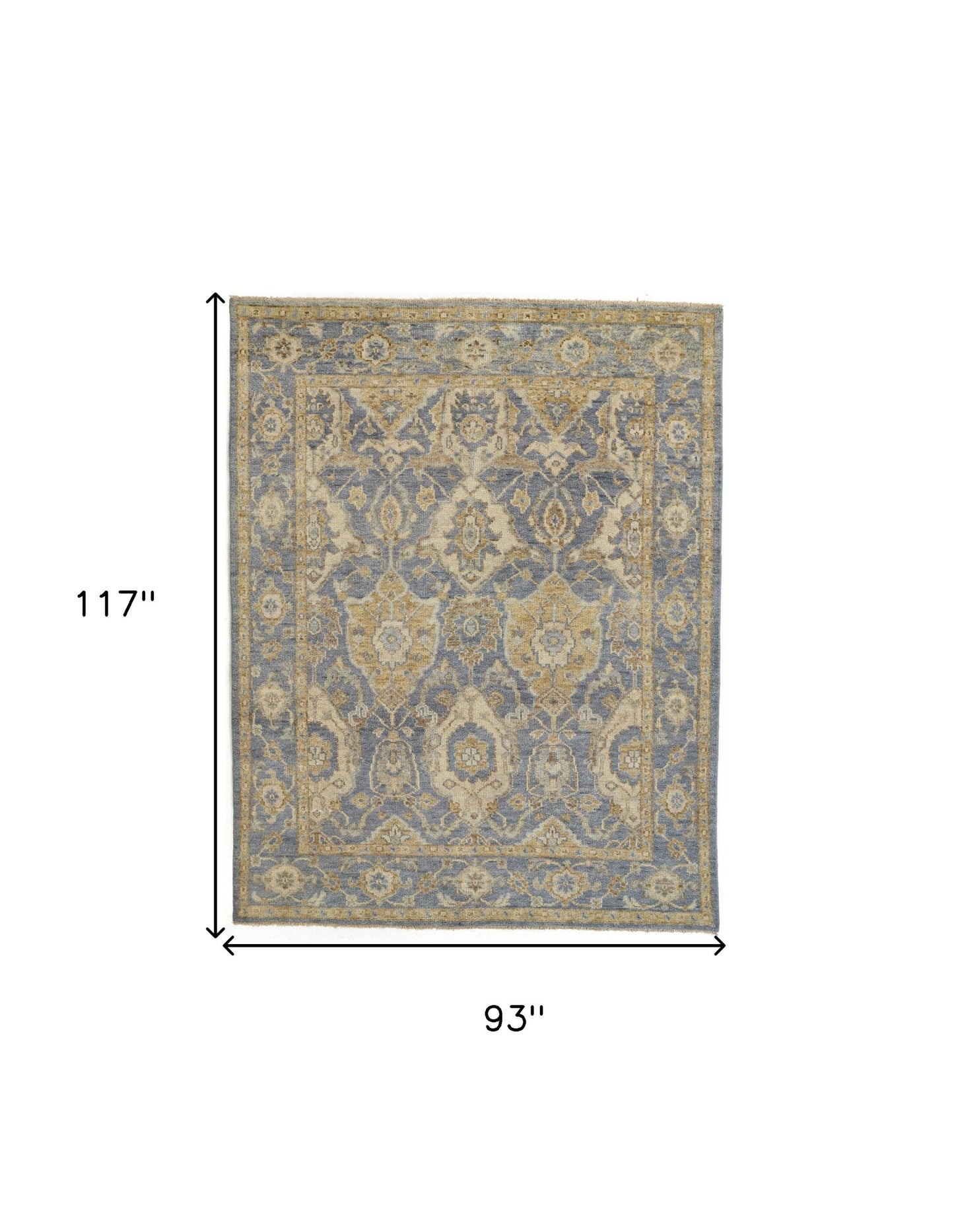 8 x 10 Blue Gold & Tan Wool Floral Hand Knotted Stain Resistant Rug With Fringe