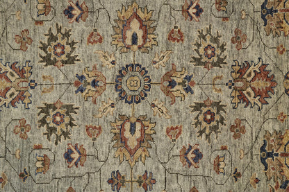 8 x 10 Gray Gold & Red Wool Floral Hand Knotted Stain Resistant Rug With Fringe