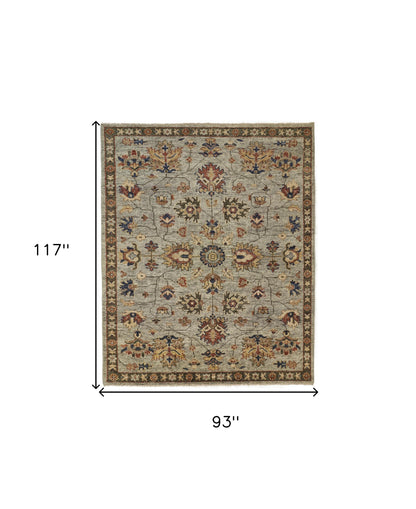 8 x 10 Gray Gold & Red Wool Floral Hand Knotted Stain Resistant Rug With Fringe