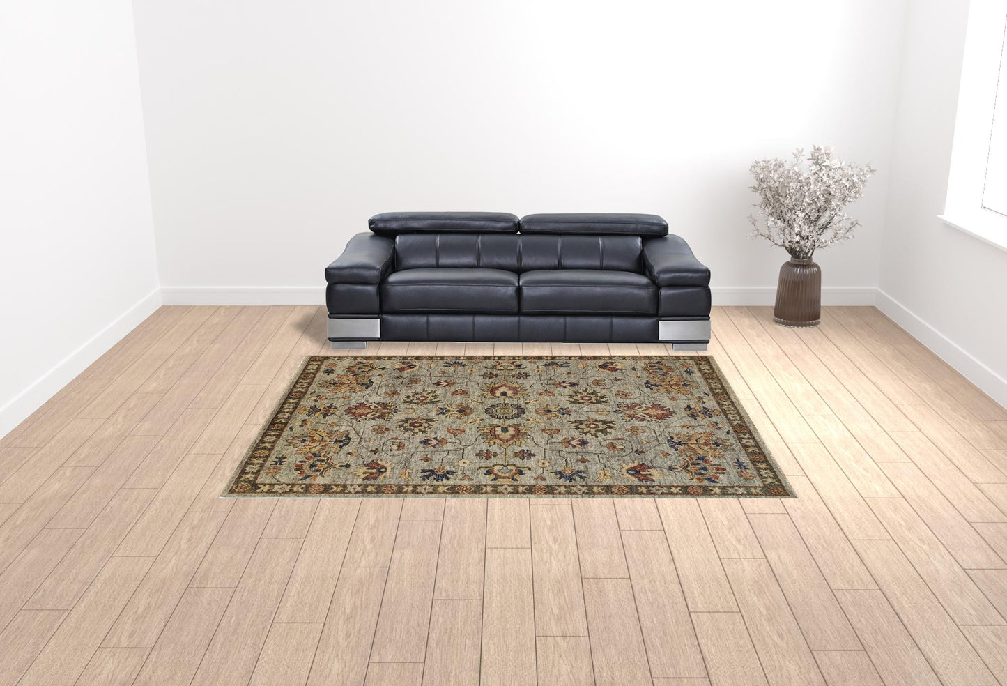 9 x 12 Gray Gold & Red Wool Floral Hand Knotted Stain Resistant Rug With Fringe