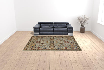 9 x 12 Gray Gold & Red Wool Floral Hand Knotted Stain Resistant Rug With Fringe