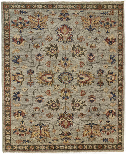 10 x 13 Gray Gold & Red Wool Floral Hand Knotted Stain Resistant Rug With Fringe