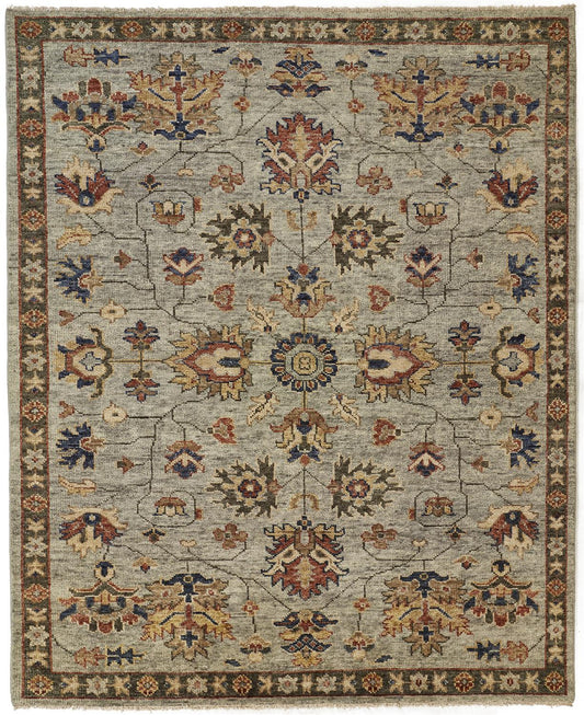 10 x 13 Gray Gold & Red Wool Floral Hand Knotted Stain Resistant Rug With Fringe