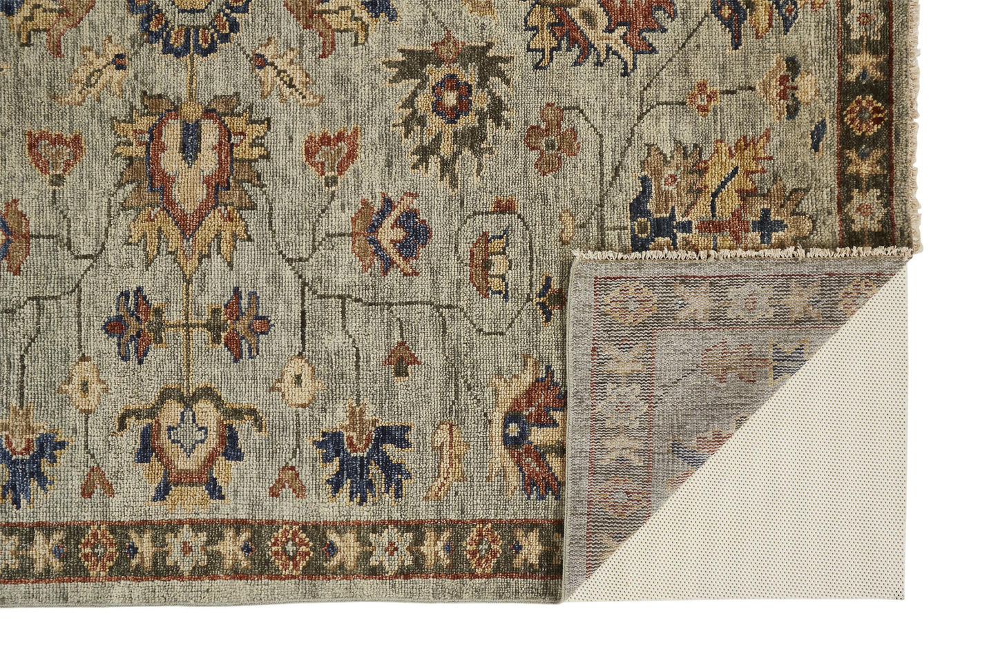 10 x 13 Gray Gold & Red Wool Floral Hand Knotted Stain Resistant Rug With Fringe