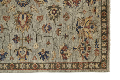 10 x 13 Gray Gold & Red Wool Floral Hand Knotted Stain Resistant Rug With Fringe