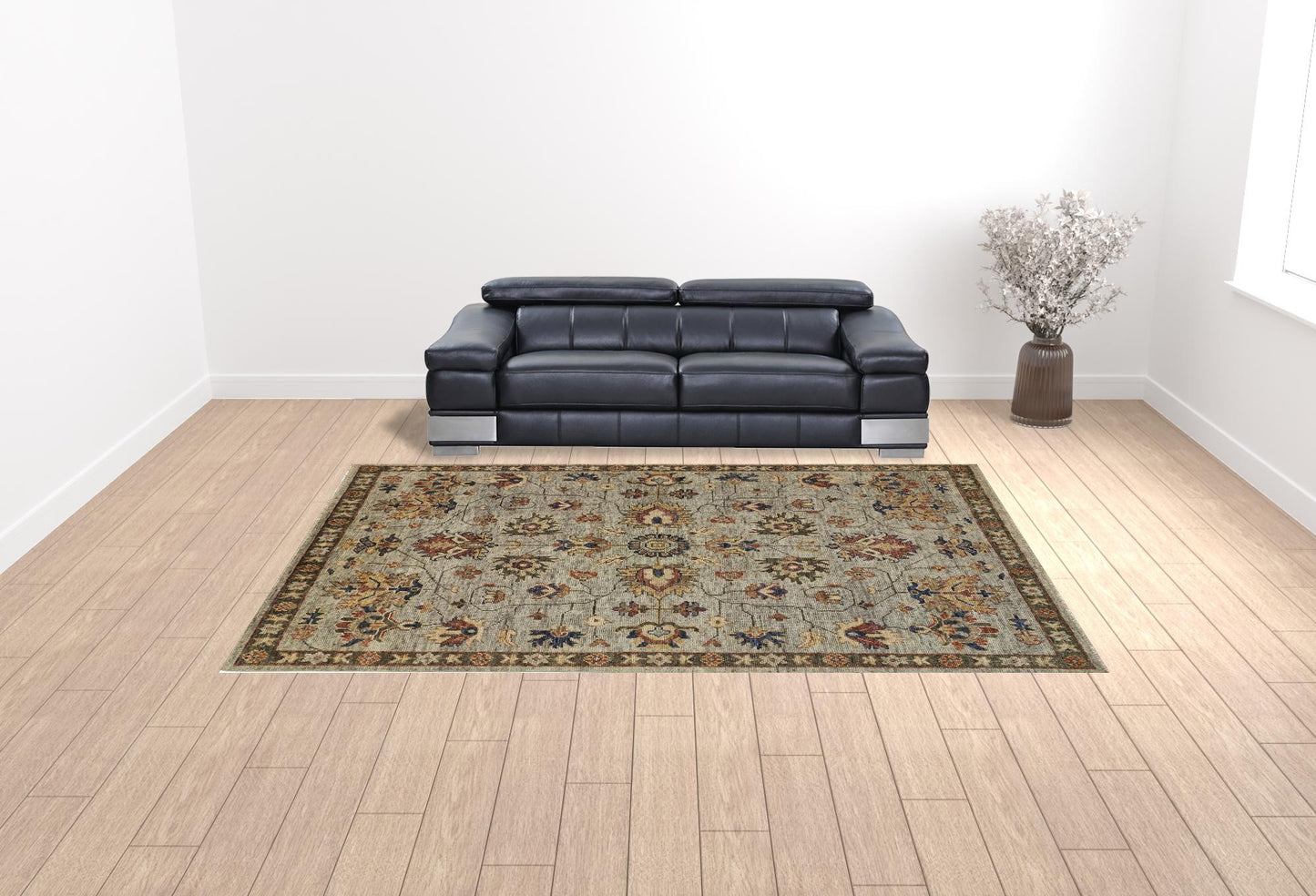 10 x 13 Gray Gold & Red Wool Floral Hand Knotted Stain Resistant Rug With Fringe