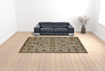 10 x 13 Gray Gold & Red Wool Floral Hand Knotted Stain Resistant Rug With Fringe