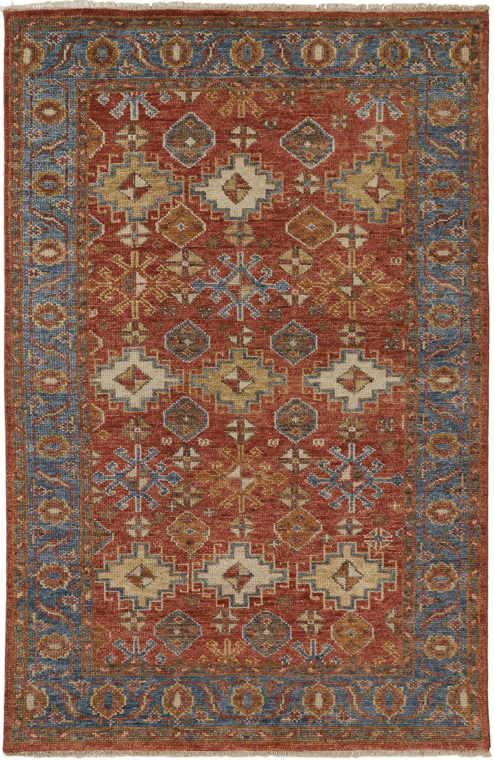 9 x 12 Red Blue & Orange Wool Floral Hand Knotted Stain Resistant Rug With Fringe