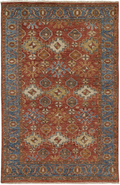 9 x 12 Red Blue & Orange Wool Floral Hand Knotted Stain Resistant Rug With Fringe