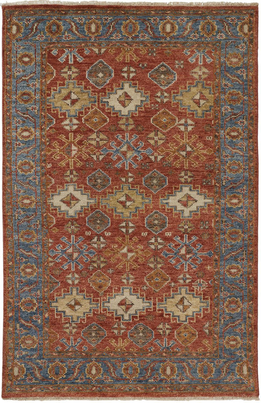 9 x 12 Red Blue & Orange Wool Floral Hand Knotted Stain Resistant Rug With Fringe