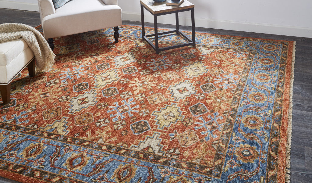 9 x 12 Red Blue & Orange Wool Floral Hand Knotted Stain Resistant Rug With Fringe