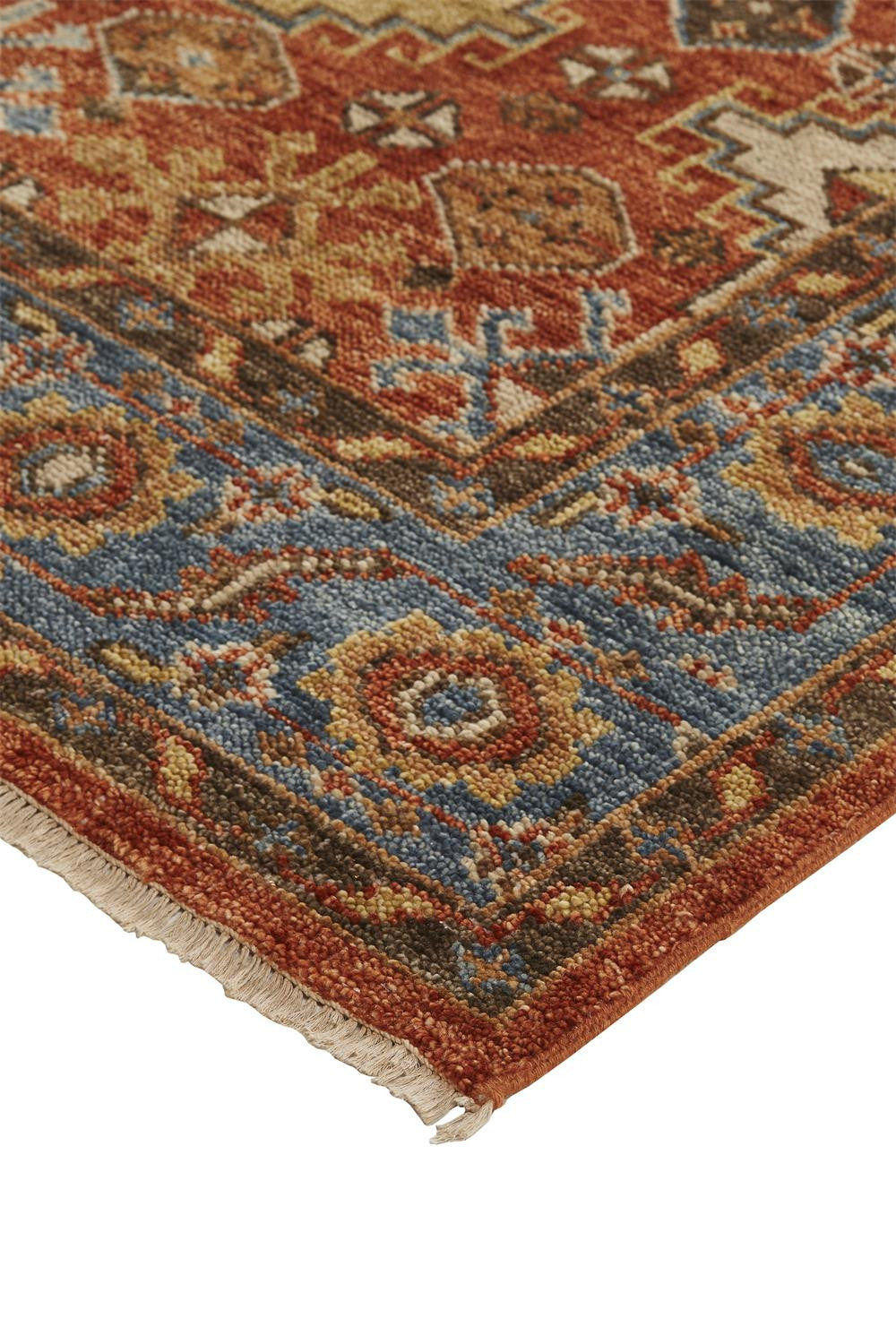 9 x 12 Red Blue & Orange Wool Floral Hand Knotted Stain Resistant Rug With Fringe