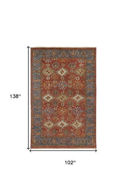 9 x 12 Red Blue & Orange Wool Floral Hand Knotted Stain Resistant Rug With Fringe