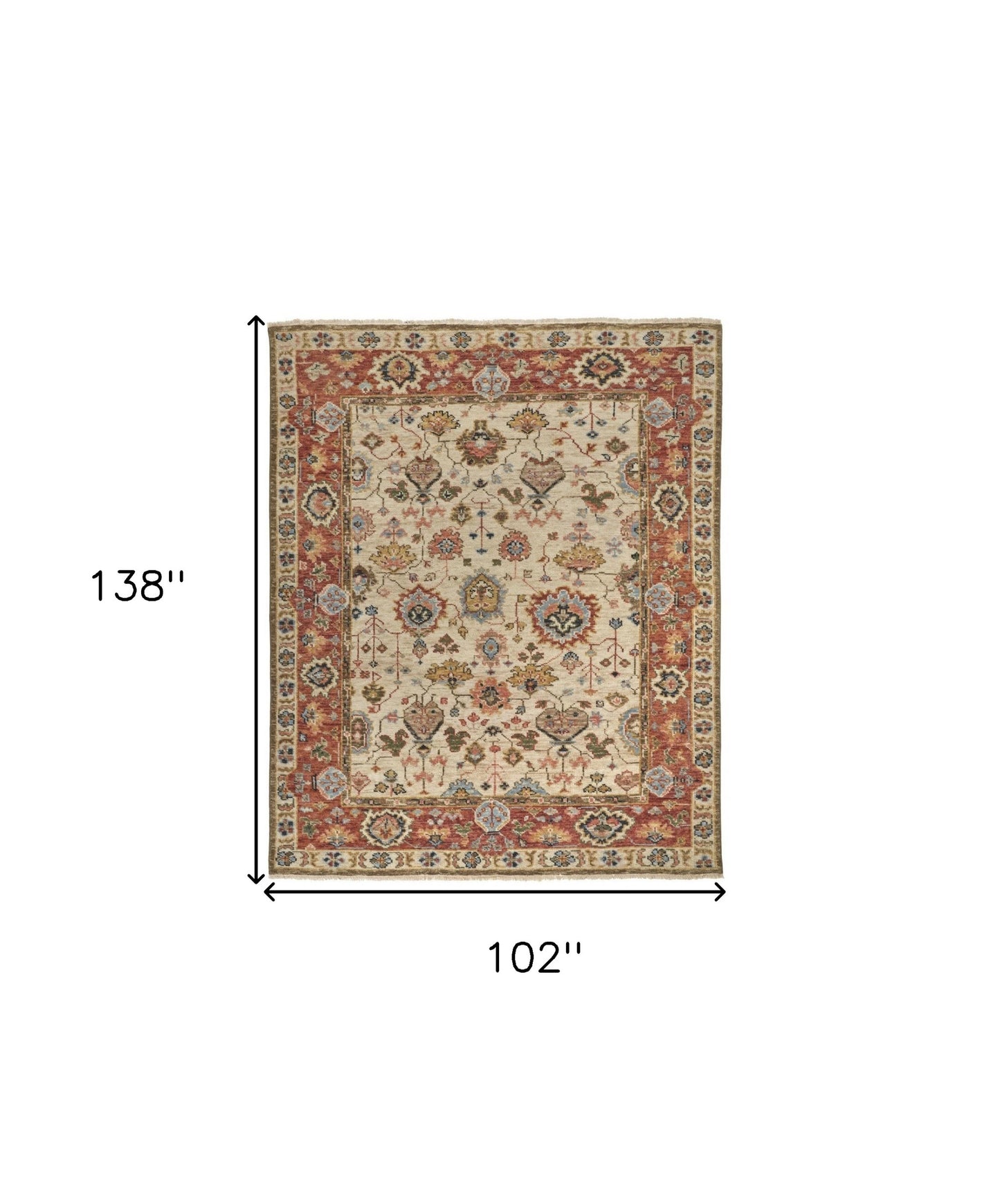 9 x 12 Red & Ivory Wool Floral Hand Knotted Rug With Fringe