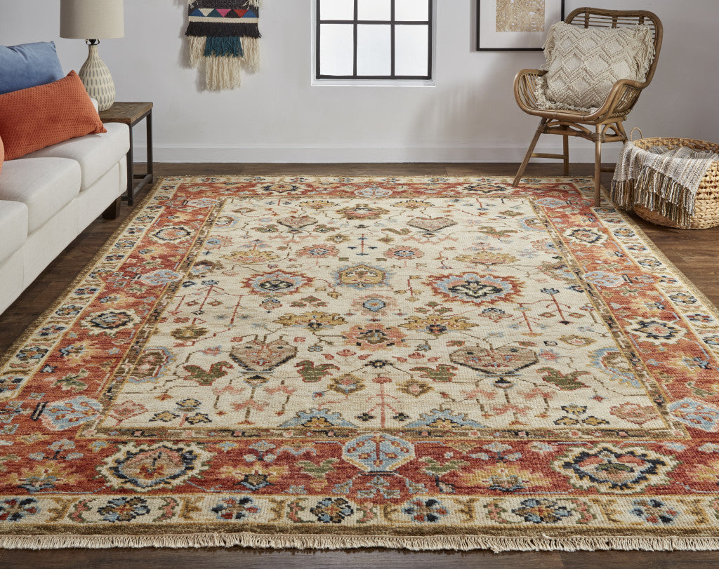 9 x 12 Red & Ivory Wool Floral Hand Knotted Rug With Fringe