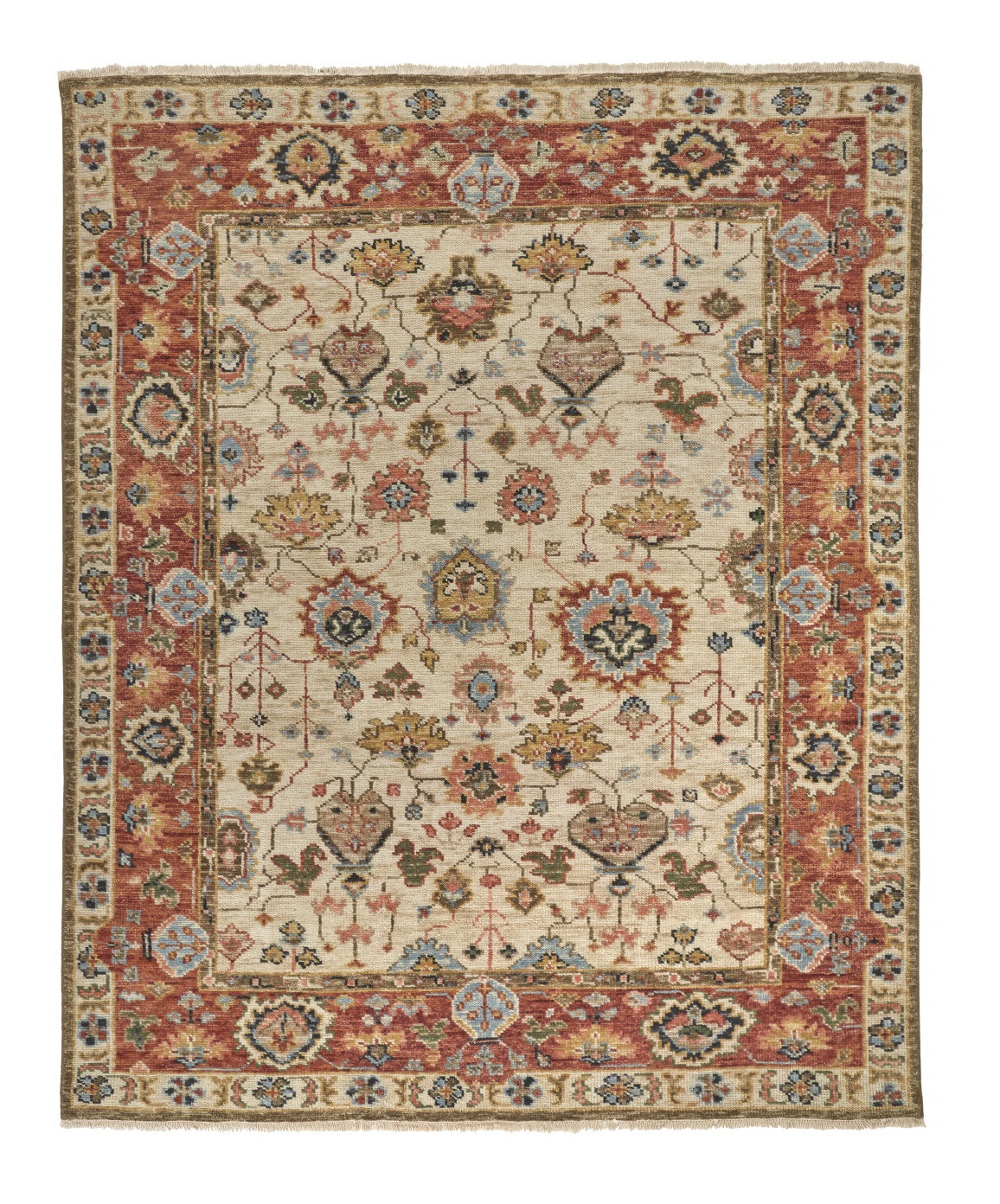 9 x 12 Red & Ivory Wool Floral Hand Knotted Rug With Fringe