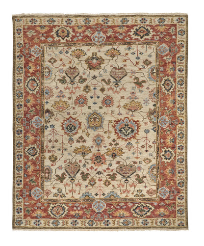 9 x 12 Red & Ivory Wool Floral Hand Knotted Rug With Fringe