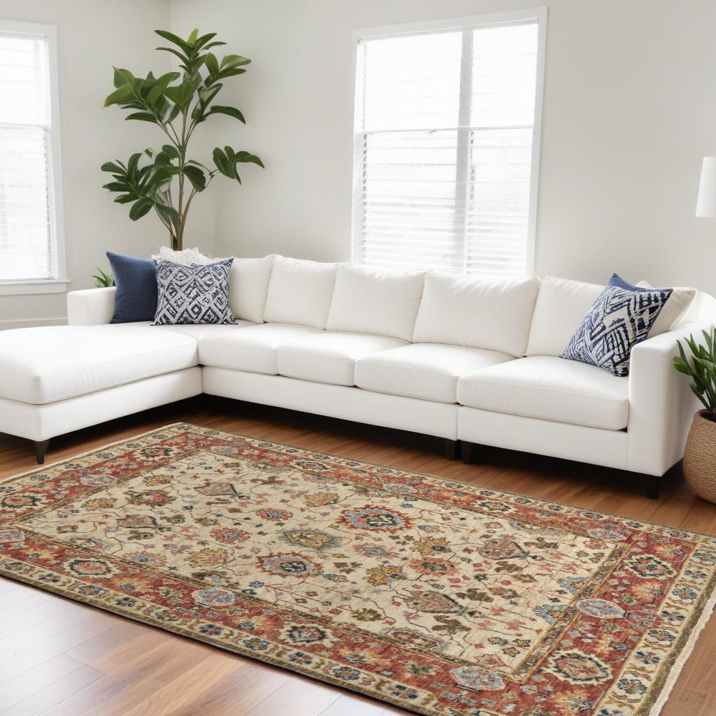 9 x 12 Red & Ivory Wool Floral Hand Knotted Rug With Fringe