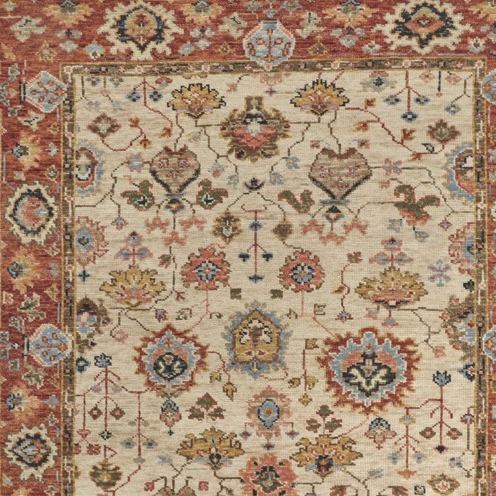 9 x 12 Red & Ivory Wool Floral Hand Knotted Rug With Fringe