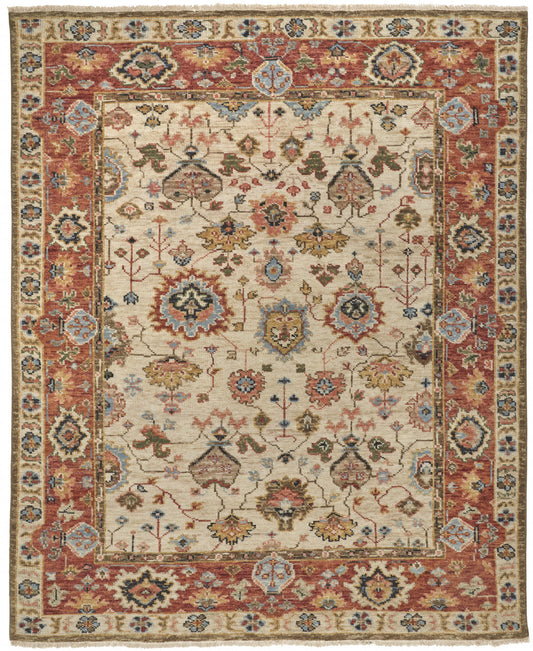 10 x 13 Ivory Red & Blue Wool Floral Hand Knotted Stain Resistant Rug