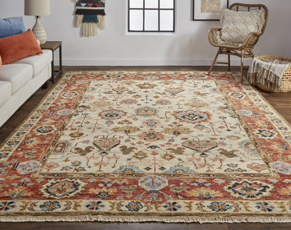 10 x 13 Ivory Red & Blue Wool Floral Hand Knotted Stain Resistant Rug