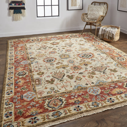 10 x 13 Ivory Red & Blue Wool Floral Hand Knotted Stain Resistant Rug