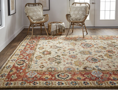 10 x 13 Ivory Red & Blue Wool Floral Hand Knotted Stain Resistant Rug