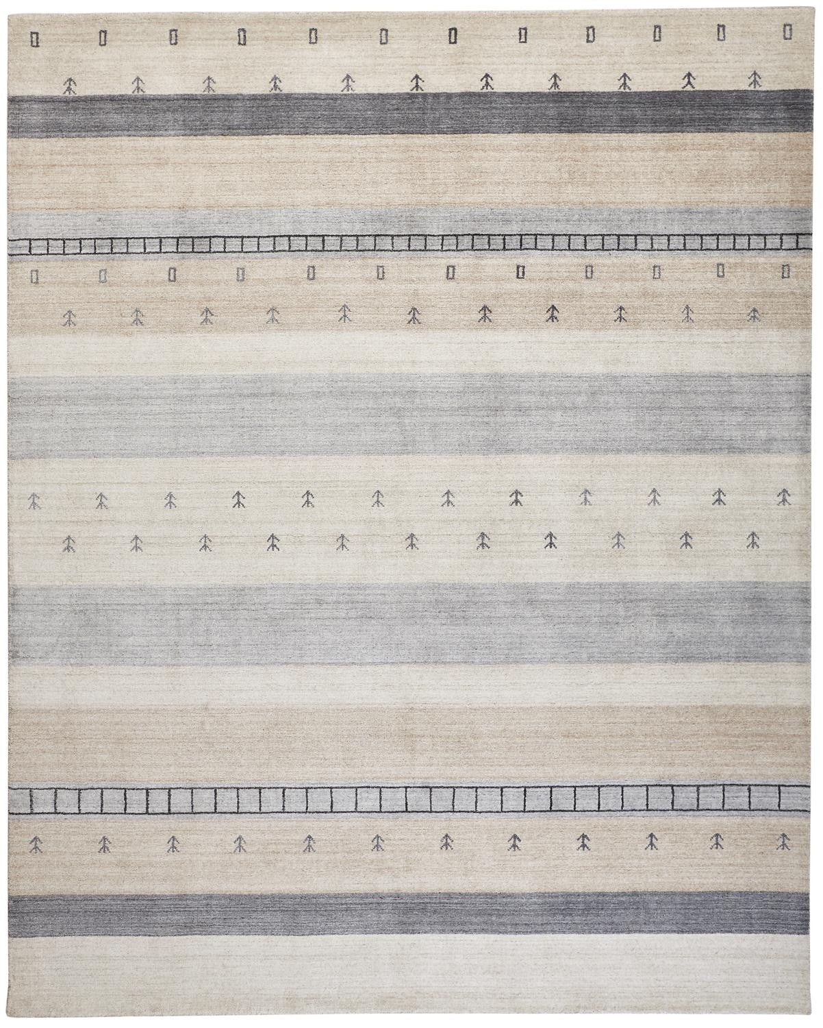 8 x 10 Ivory Tan & Gray Wool Striped Hand Knotted Stain Resistant Rug