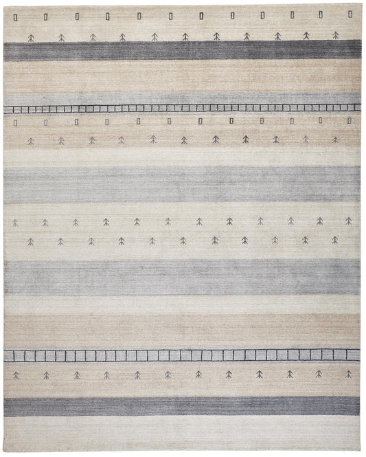 8 x 10 Ivory Tan & Gray Wool Striped Hand Knotted Stain Resistant Rug