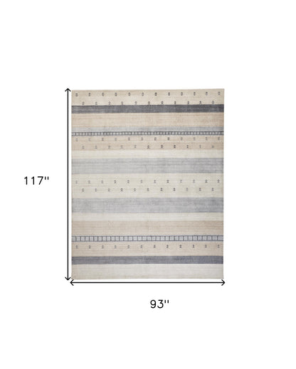 8 x 10 Ivory Tan & Gray Wool Striped Hand Knotted Stain Resistant Rug