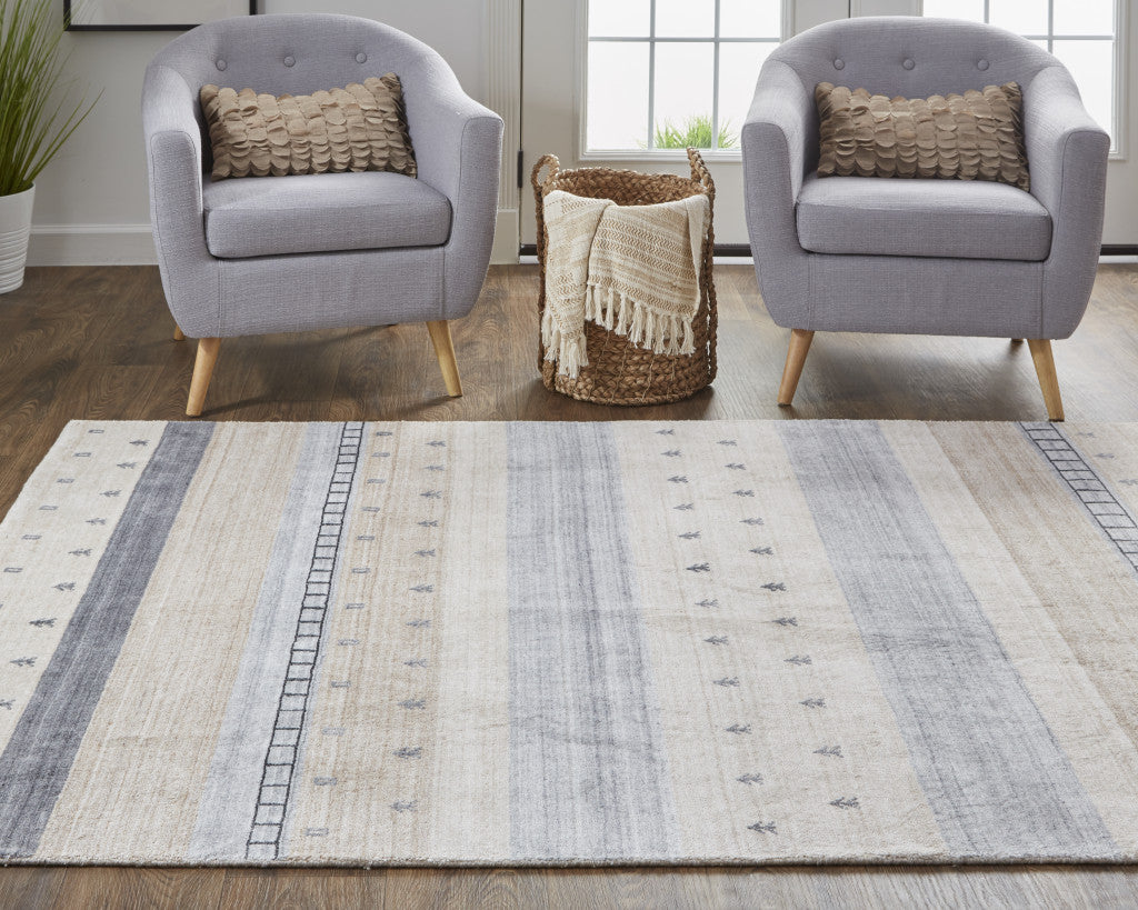 8 x 10 Ivory Tan & Gray Wool Striped Hand Knotted Stain Resistant Rug
