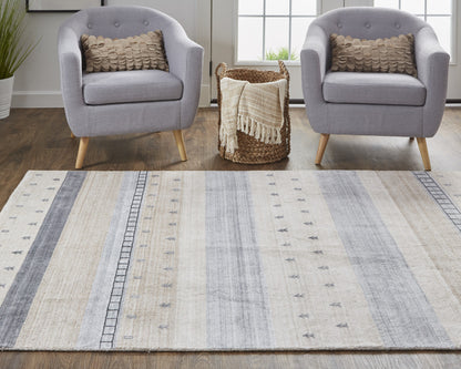 8 x 10 Ivory Tan & Gray Wool Striped Hand Knotted Stain Resistant Rug