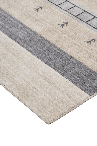 8 x 10 Ivory Tan & Gray Wool Striped Hand Knotted Stain Resistant Rug