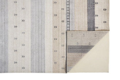 8 x 10 Ivory Tan & Gray Wool Striped Hand Knotted Stain Resistant Rug