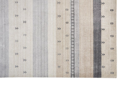 8 x 10 Ivory Tan & Gray Wool Striped Hand Knotted Stain Resistant Rug