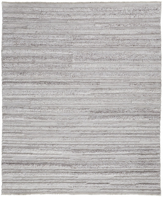 8 x 10 Ivory & Taupe Striped Hand Woven Stain Resistant Rug